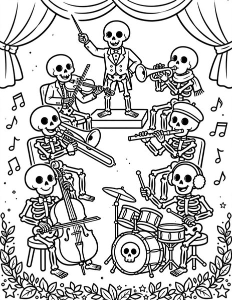 Skeleton Orchestra coloring page: Skeletons play an orchestra.