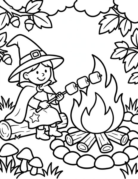 Witch Campfire coloring page: A witch roasts treats by a campfire.