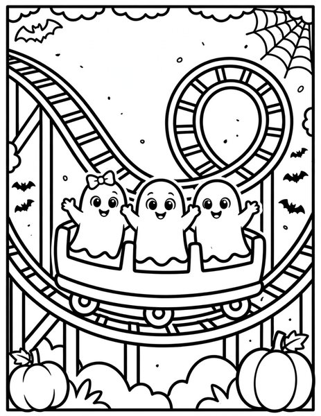Ghost Roller Coaster coloring page: Ghosts ride a roller coaster.