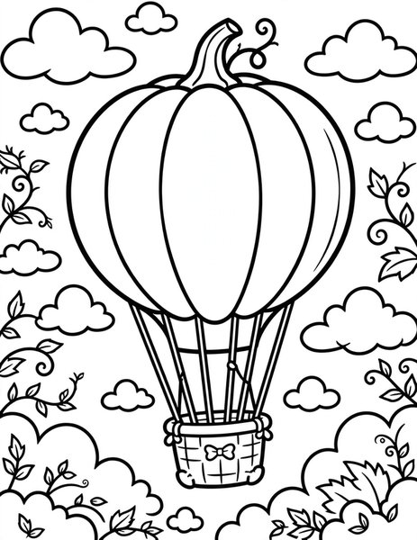 Pumpkin Hot Air Balloon coloring page: A pumpkin balloon drifts upward.