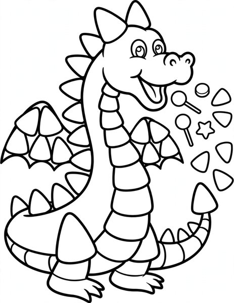 Candy Corn Dragon coloring page: A candy corn dragon breathes sweets.