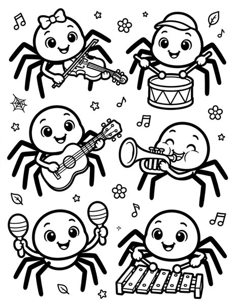 Spider Orchestra coloring page: Spiders play tiny instruments.