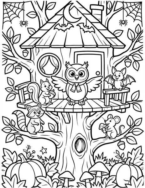 Owl Treehouse coloring page: An owl hosts friends in a treehouse.