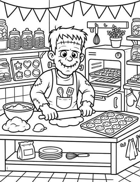 Frankenstein Bakery coloring page: Frankenstein bakes monster cookies.