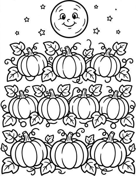 Pumpkin Patch coloring page: Rows of pumpkins grow in a moonlit patch.