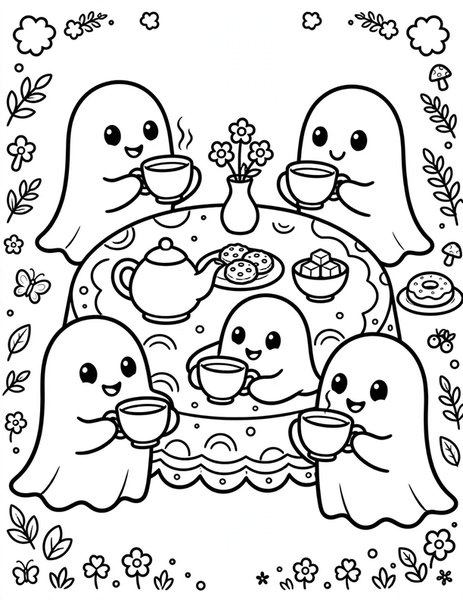 Ghost Tea Party coloring page: Ghosts sip tea at a party.