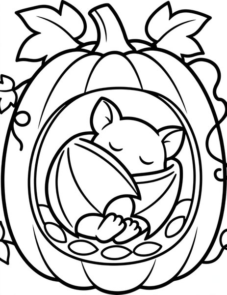 Bat Pumpkin coloring page: A bat naps inside a pumpkin.