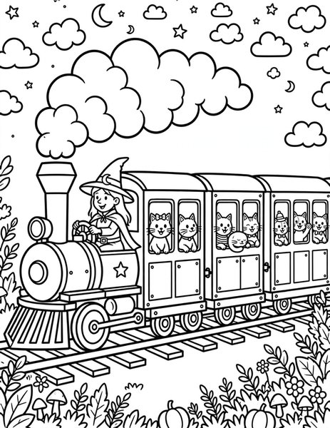 Witch Train coloring page: A witch drives a train of cats.