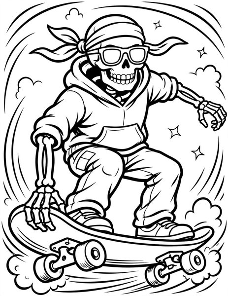 Skeleton Skateboard coloring page: A skeleton shreds on a skateboard.