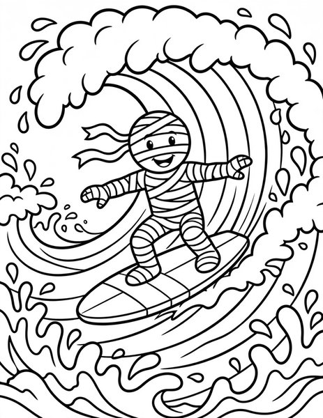Mummy Surfer coloring page: A mummy surfs a big wave.