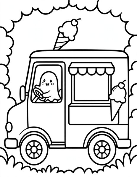 Ghost Ice Cream Truck coloring page: A ghost drives an ice cream truck.
