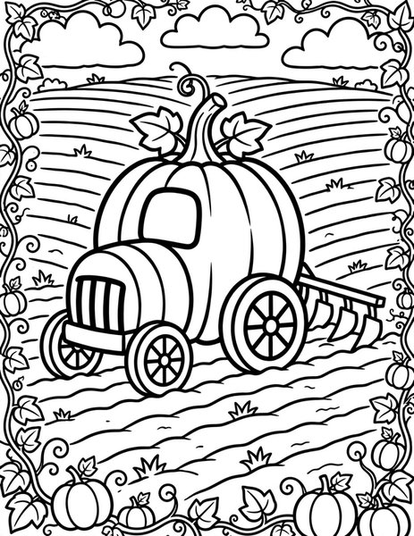 Pumpkin Tractor coloring page: A pumpkin tractor plows the patch.