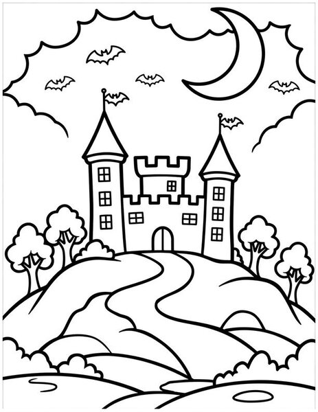 Vampire Castle coloring page: A vampire's castle on a hill.