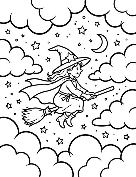 Witch's Broom coloring page: A broomstick flies past stars and clouds.