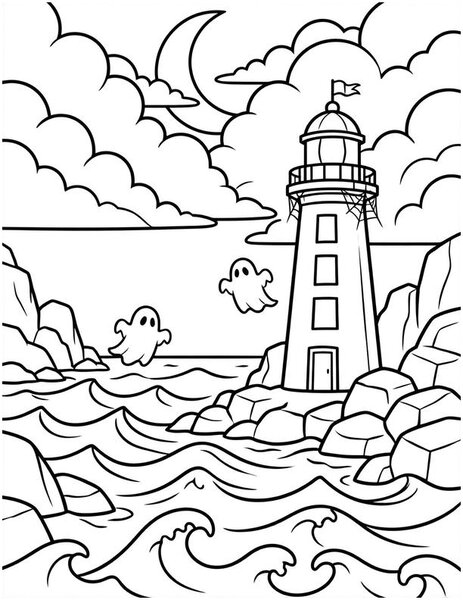 Haunted Lighthouse coloring page: A haunted lighthouse by the sea.