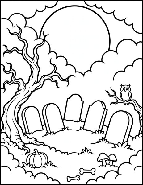 Haunted Graveyard coloring page: A spooky graveyard glows under the full moon.