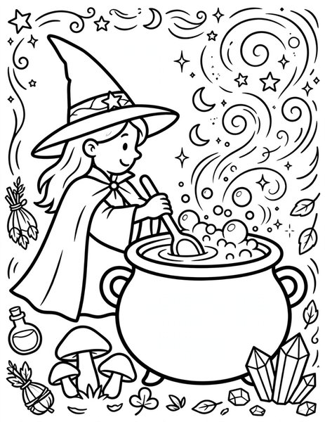 Witch's Cauldron coloring page: A witch's bubbling cauldron casts a spell.