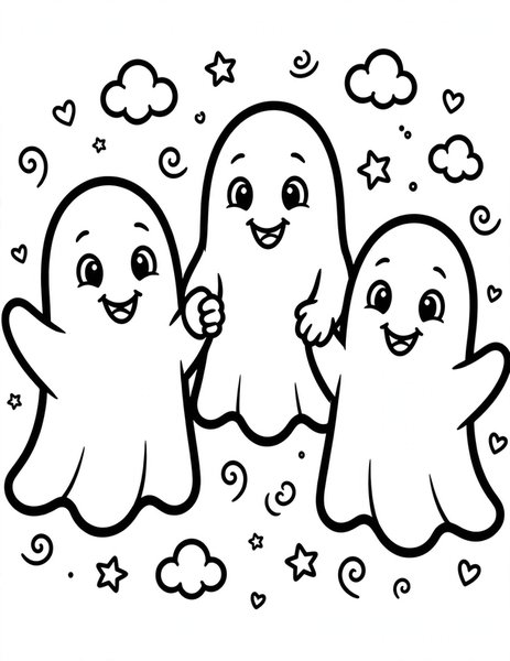 Ghost Family coloring page: Three little ghosts float together holding hands.