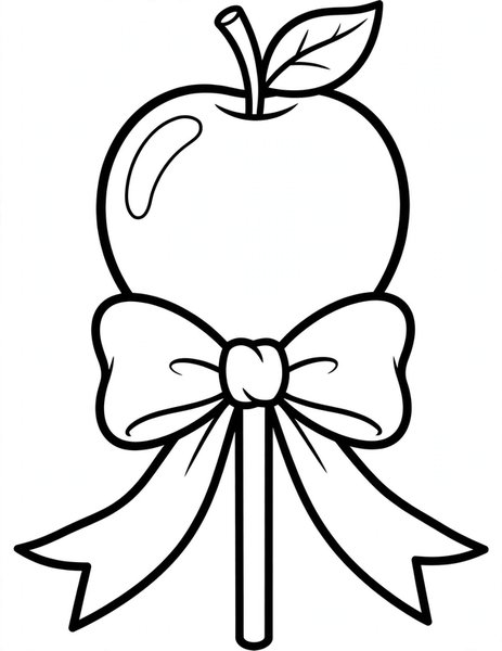 Candy Apple coloring page: A shiny candy apple on a stick with a bow.