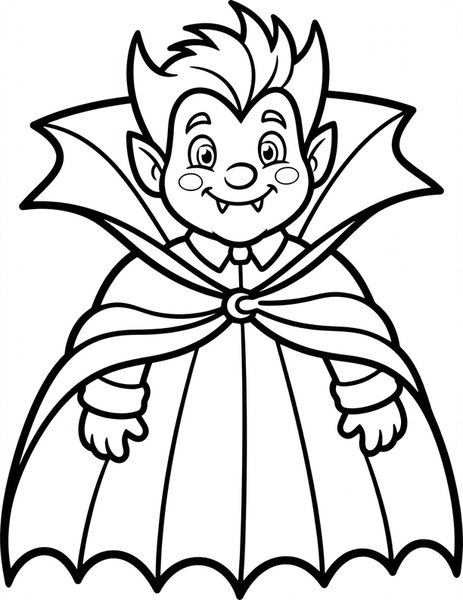 Vampire Cape coloring page: A friendly vampire shows off a dramatic cape.