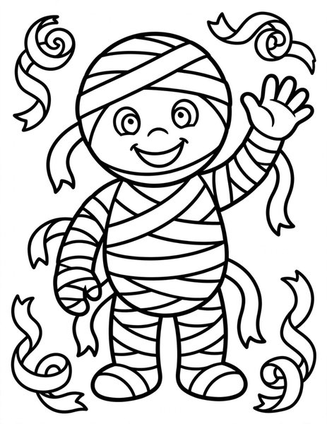 Mummy Buddy coloring page: A cute mummy wrapped in bandages waves.