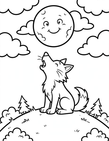 Howling Wolf coloring page: A cartoon wolf howls at the big round moon.