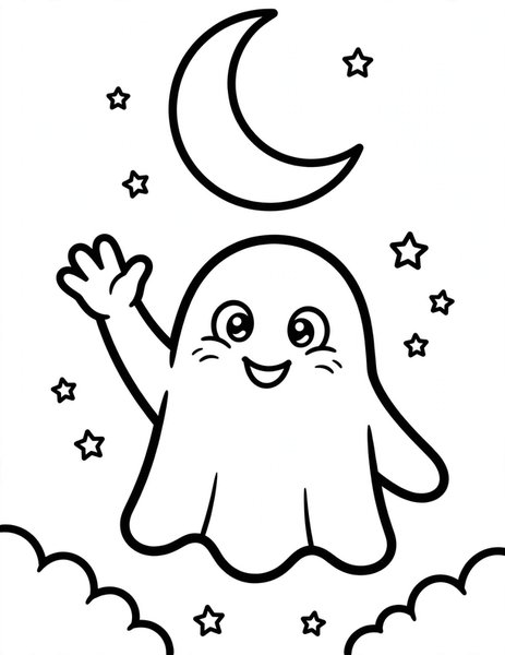 Friendly Ghost coloring page: A cute little ghost waves hello under a crescent moon.