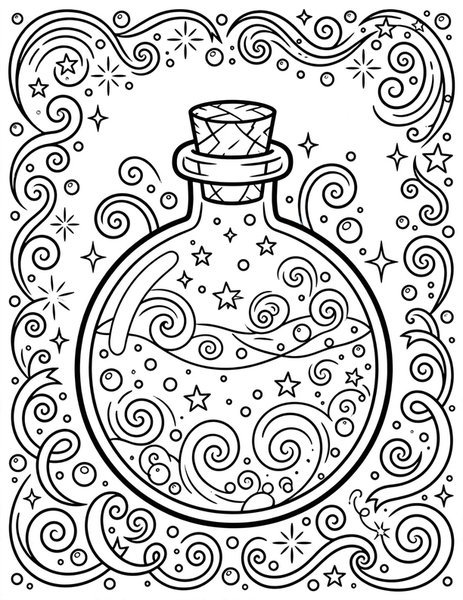 Magic Potion coloring page: A potion bottle bubbles with stars and swirls.