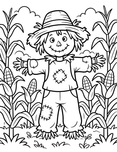 Scarecrow Friend coloring page: A friendly scarecrow stands in a cornfield.