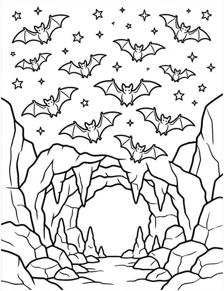 Bat Cave coloring page: Bats fly out of a cave under the night sky.