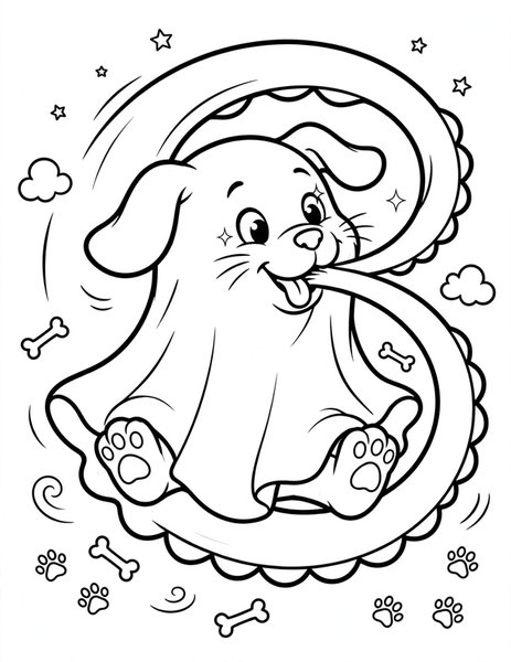 Ghost Puppy coloring page: A playful ghost puppy chases its tail.