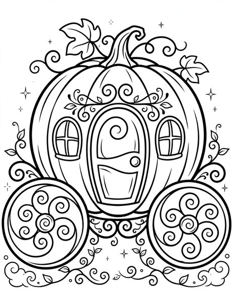 Pumpkin Carriage coloring page: A pumpkin carriage with swirly wheels.
