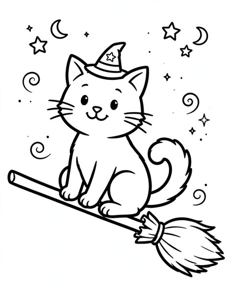 Witch's Cat coloring page: A cat in a tiny witch hat sits on a broom.