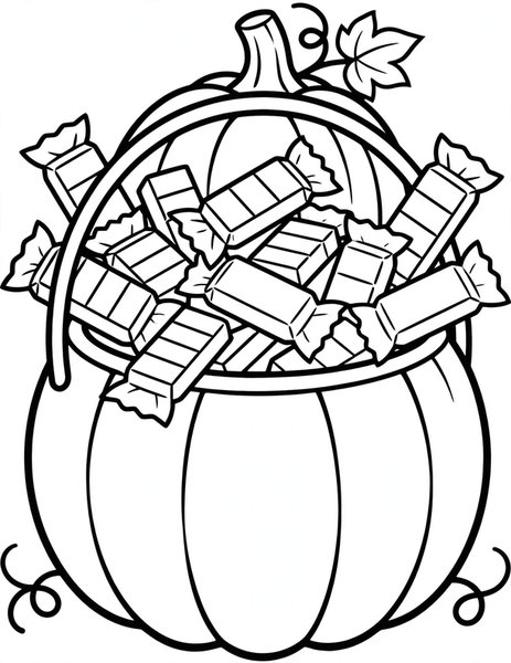 Candy Bucket coloring page: A pumpkin bucket brims with candy bars.