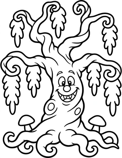 Spooky Tree coloring page: A twisted tree with a grinning face.