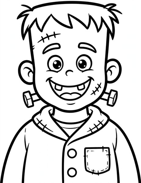Frankenstein Pal coloring page: A friendly Frankenstein monster smiles big.