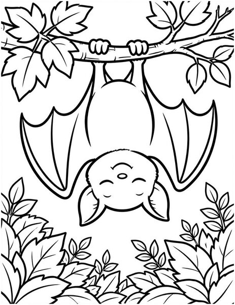Sleepy Bat coloring page: A sleepy bat hangs upside down from a tree branch.
