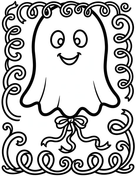 Ghost Balloon coloring page: A ghost-shaped balloon floats with ribbons.