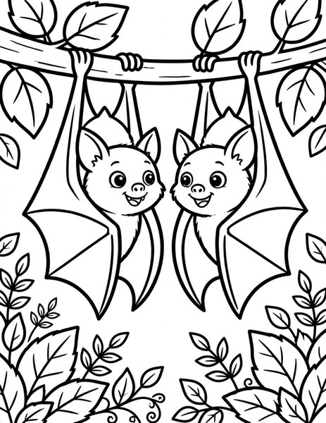 Bat Friends coloring page: Two bats hang side by side chatting.