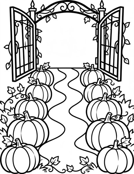 Haunted Gate coloring page: A creaky iron gate opens to a pumpkin path.