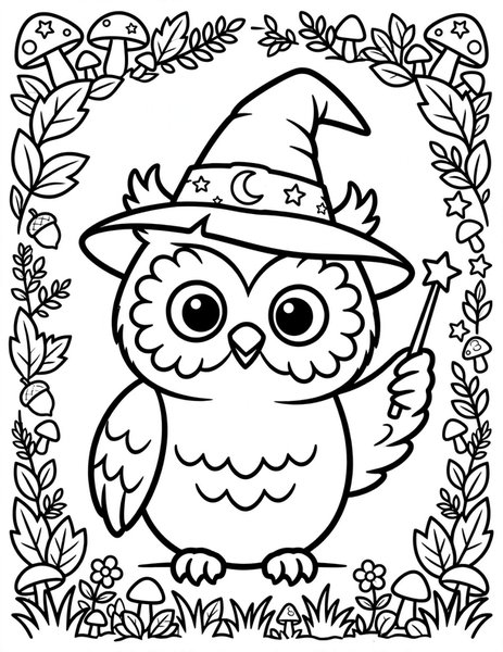 Owl Witch coloring page: An owl wears a witch hat and holds a wand.