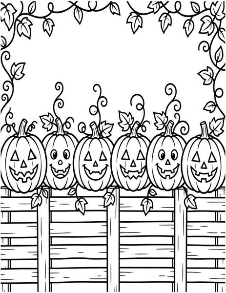 Pumpkin Lanterns coloring page: Glowing jack-o'-lanterns line a fence.