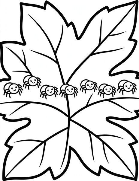 Spider Parade coloring page: Spiders march across a leaf in a line.
