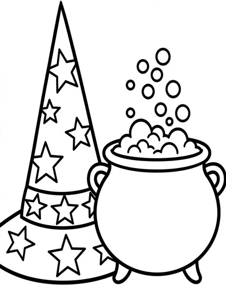 Witch's Hat coloring page: A tall witch hat with stars sits beside a bubbling cauldron.