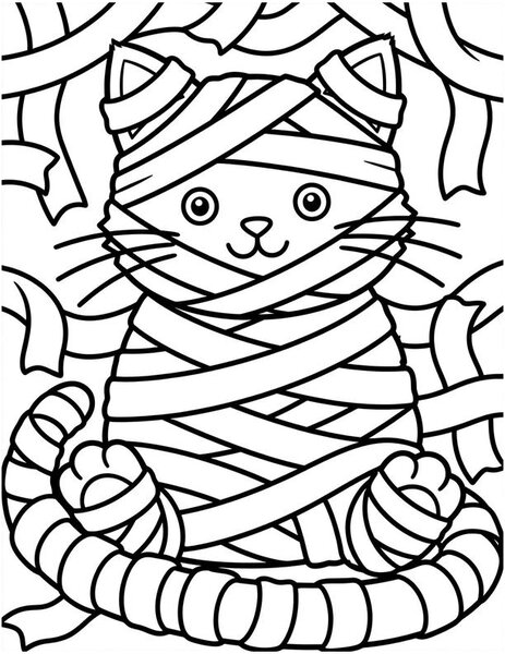 Mummy Cat coloring page: A tiny mummy cat wrapped in bandages.