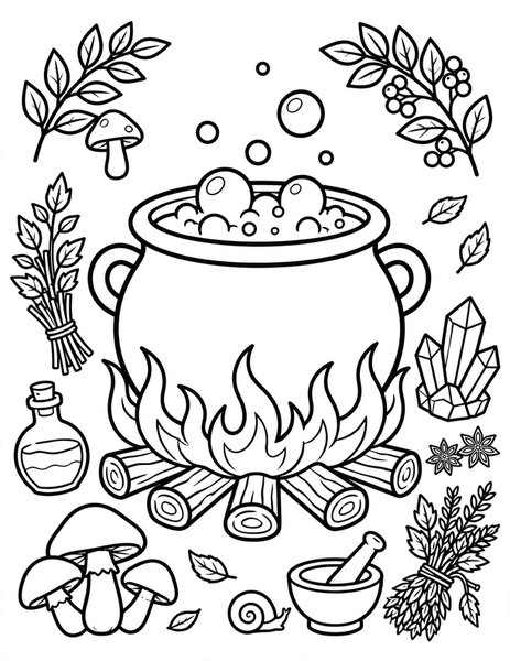 Witch's Kitchen coloring page: A cauldron bubbles over a fire with ingredients.