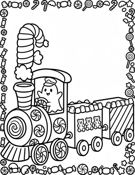 Ghost Train coloring page: A little ghost drives a candy train.