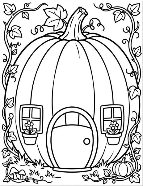 Pumpkin House coloring page: A cozy house shaped like a pumpkin.
