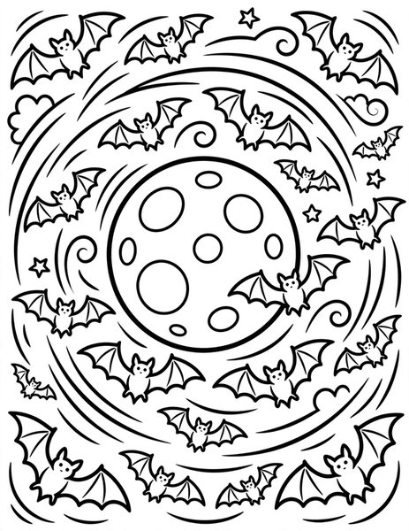 Bat Swarm coloring page: A swirl of bats zooms around the full moon.