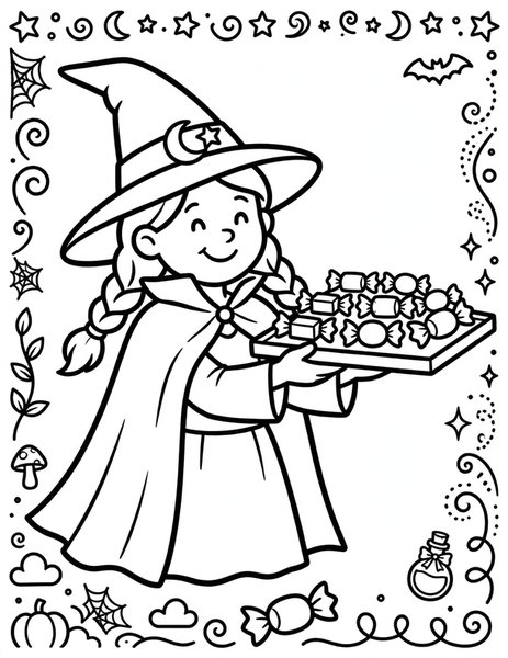 Candy Witch coloring page: A witch offers a tray of wrapped candies.